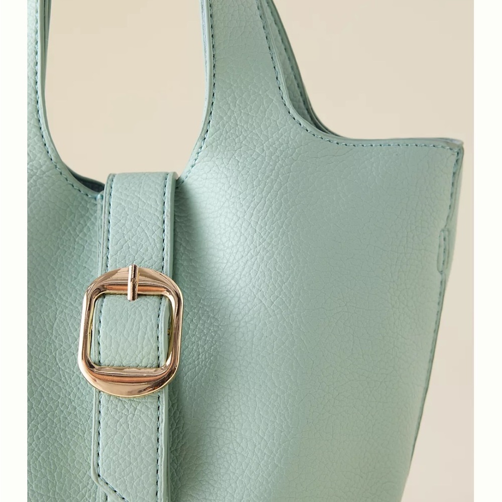 Anthropologie Mint Green Pebbled Mini Bucket Tote Bag - Picture 4 of 7